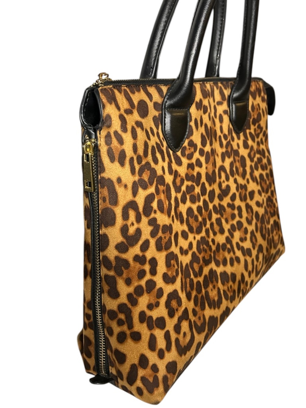 Leopard Print Suede Satchel Bag Expandable Sides Top Handle - Picture 5 of 11